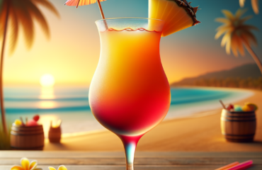 foto del cocktail descritto nel testo “Ricetta Cocktail Fresco per l’Estate: Sunset Tropics”