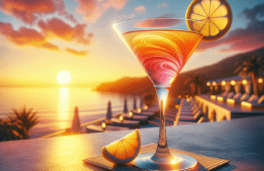 foto del cocktail descritto nel testo “Ricetta del Sunset Martini: Il Cocktail Estivo Perfetto”